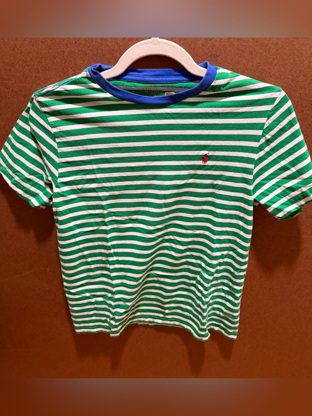 Polo by Ralph Lauren Green & White Stripe Kids Tee with Blue Collar L 14/16